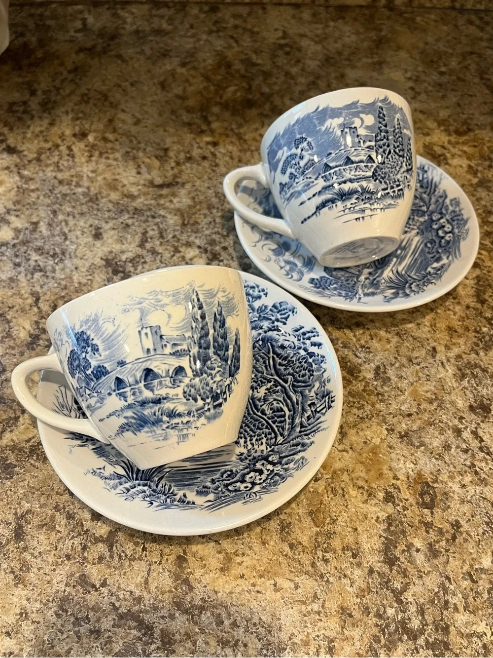Wedgwood Countryside Teacups and Saucers Set of 2 Blue and White, England